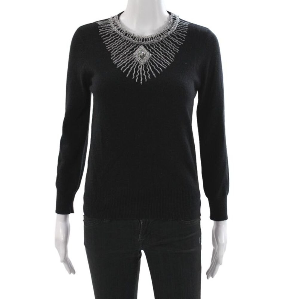 Trelise Cooper Women Black Cashmere V-Neck Beaded Pullover Size S